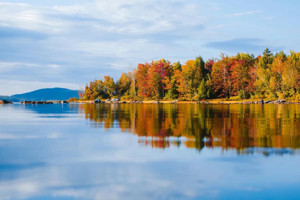 Autumn trees with vibrant red, orange, and yellow foliage reflected in a calm lake under a blue sky.